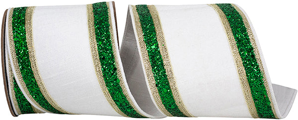 Dupioni Regalia Glitter Edge Deluxe Backed Wired Edge Ribbon - White/Green - 4" - 5 yd