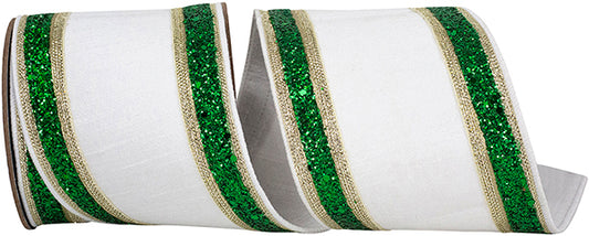 Dupioni Regalia Glitter Edge Deluxe Backed Wired Edge Ribbon - White/Green - 4" - 5 yd