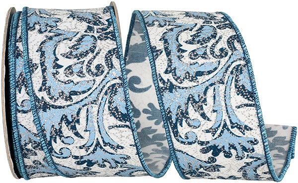 Filigree Azul Glittered Deluxe Wire Edged Ribbon - Blue - 2 1/2" - 10 Yd