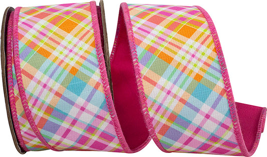 Bright Plaid Diagonal Deluxe Backed Wired Edge Ribbon - Hot Pink - 2 1/2" - 10 yd
