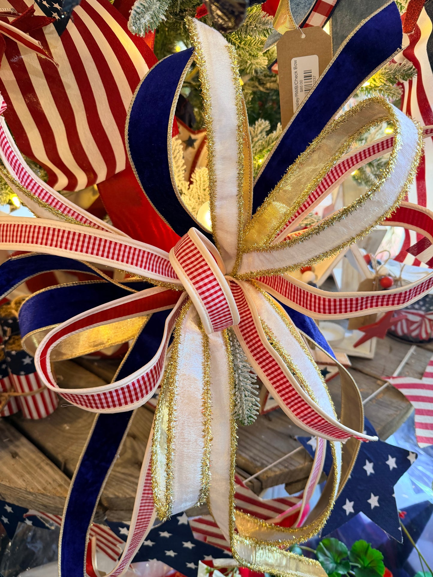 Rd Gingham/Blu/Wht Tinsel Bow
