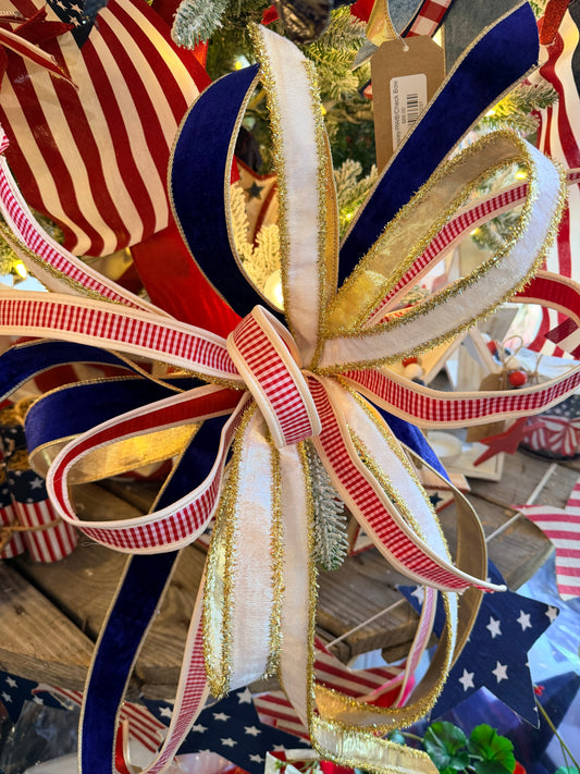 Rd Gingham/Blu/Wht Tinsel Bow